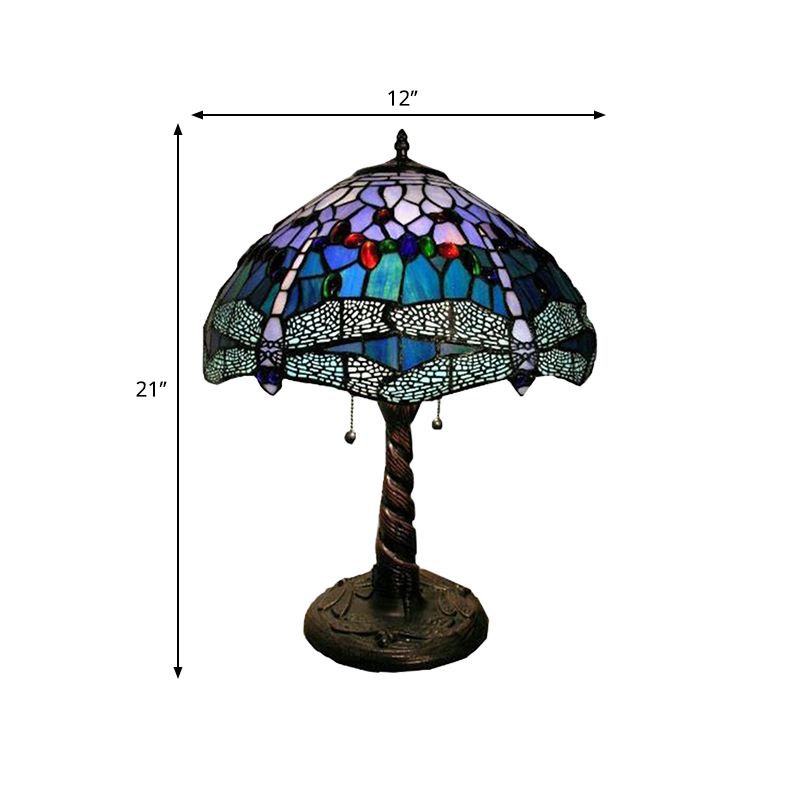 Mediterranean Dragonfly Nightstand Light 1 Light Stained Glass Table Lamp in Bronze for Bedroom