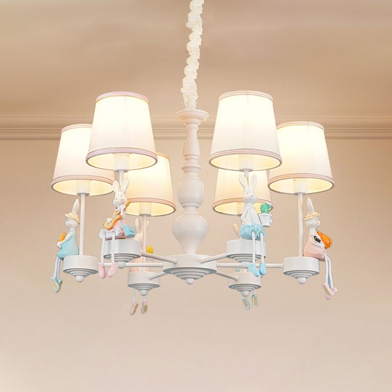 Cartoon Rabbit Resin Pendant Chandelier Kids 5-Head White Hanging Lamp with Tapered Fabric Shade