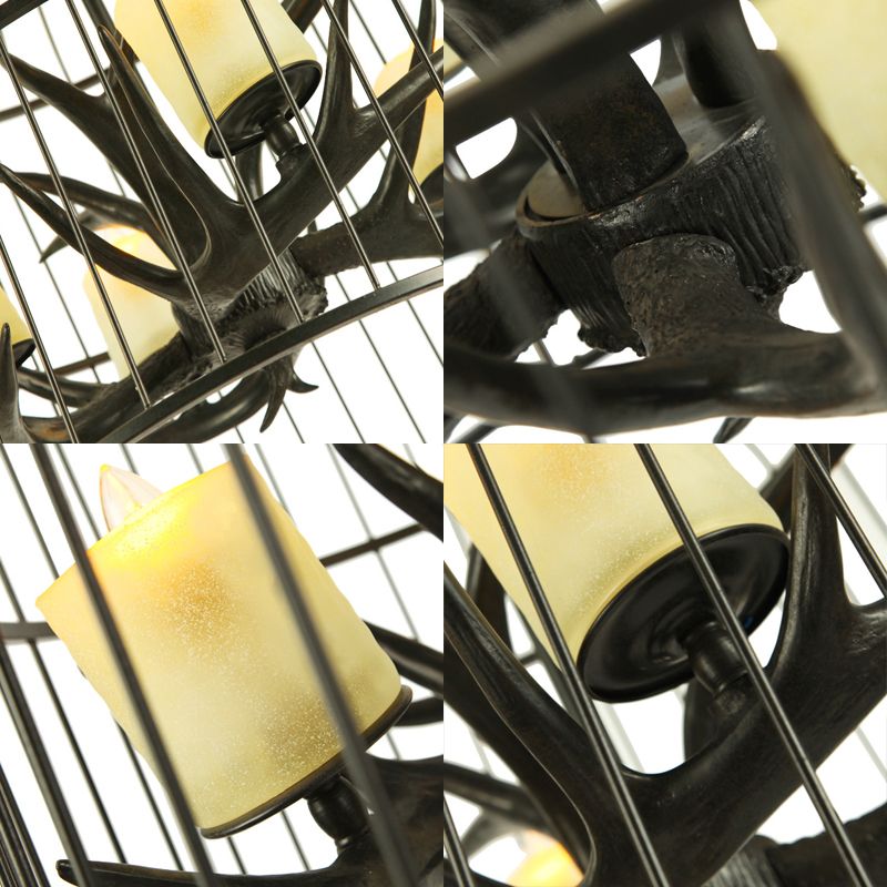4 Lights Metal Chandelier Lamp Rustic Black Birdcage Living Room Down Lighting Pendant with Frosted Glass Shade