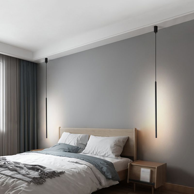 Minimalist Style LED Stick Pendant Metal Bedroom Linear Suspension Lighting in Black
