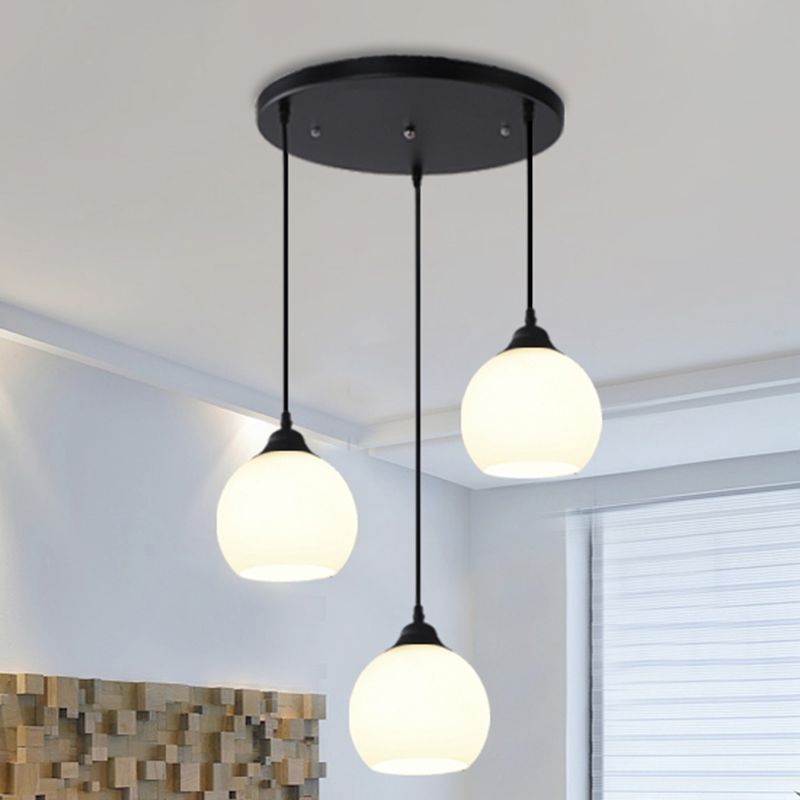 Black Domed Multi-Light Pendant Minimalist 3-Bulb White Glass Hanging Light Fixture