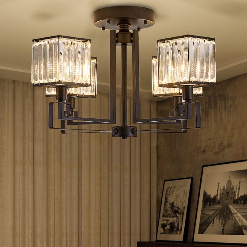 Illuminazione semifulta quadrata nera 4/6/8 luci in stile vintage lampada a soffitto in metallo con prisma di cristallo per camera da letto
