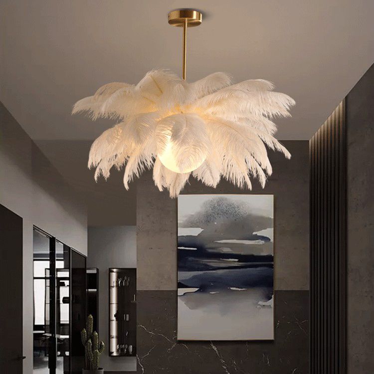 Ostrich Feather Ceiling Chandelier Modern Nordic Creative White Hanging Ceiling Light for Bedroom