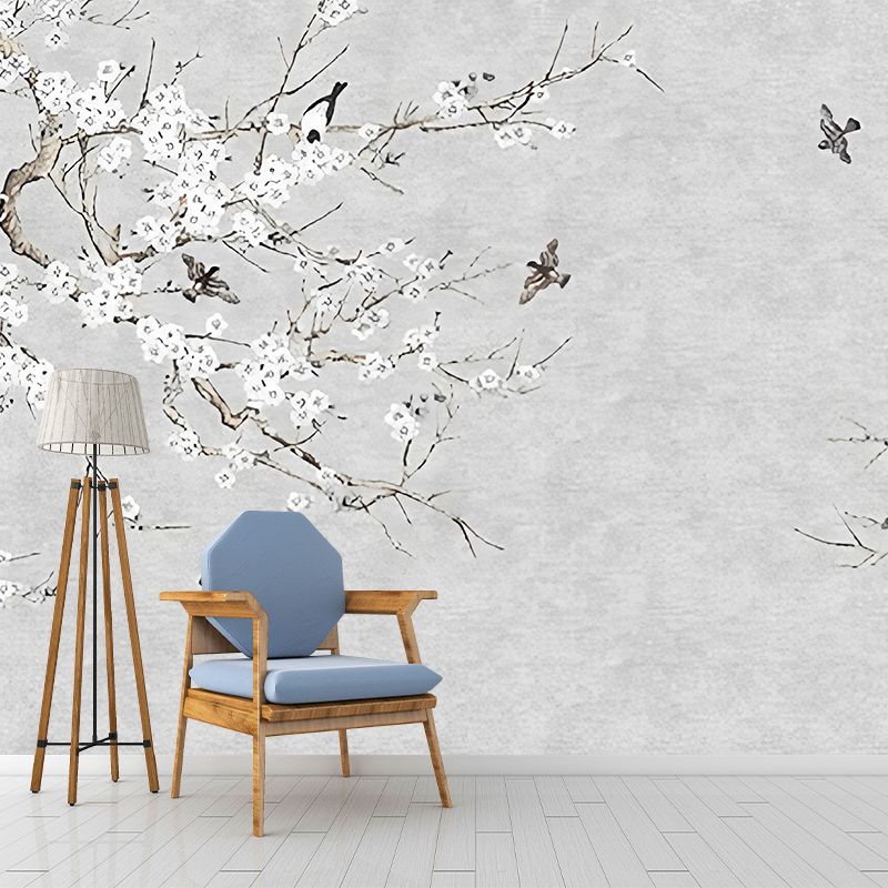Enormous Branch and Bird Mural Wallpaper for Accent Wall in Grey, Stain-Resistant