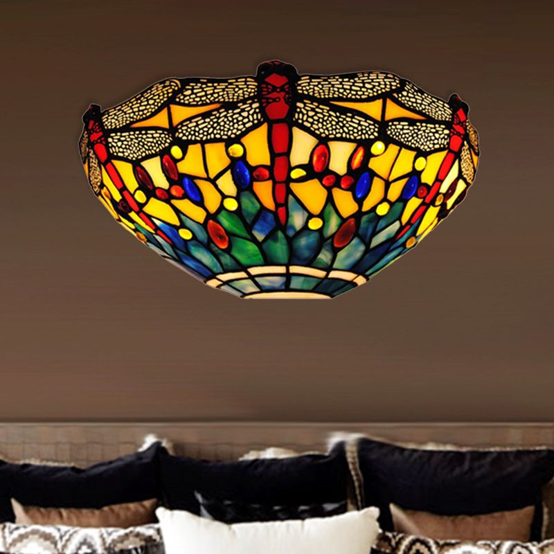 Dragonfly Sconce Lighting Rustic Lodge Stained Glass 1 Light Wall Mount Lighting in Yellow and Green