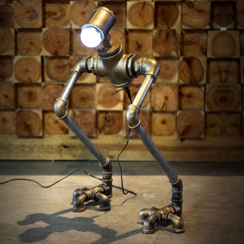 1-Light Iron Nightstand Lamp Steampunk Silver Long-Legged Pipe Man Bedside Table Light in Warm/White Light