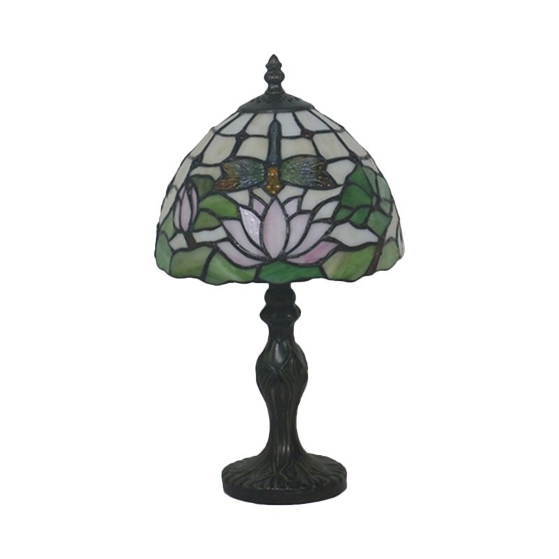 Cut Glass Rose/Lotus Night Table Lamp Baroque 1 Light Red/Pink Nightstand Lighting with Baluster for Bedroom