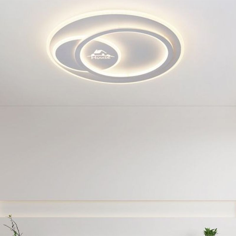 Acrylic Circular Ceiling Flush Mount Modern LED White Flushmount Lighting in Warm/White Light with House Pattern