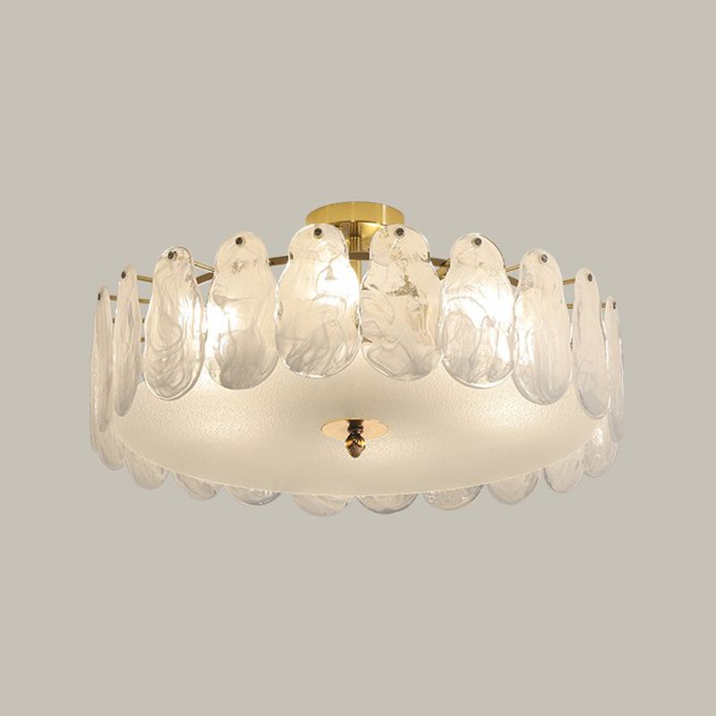 Gold Metal Semi Flush Mount Light Fixture Traditional Drum Bedroom Semi Flush Lamps with Glass Shade