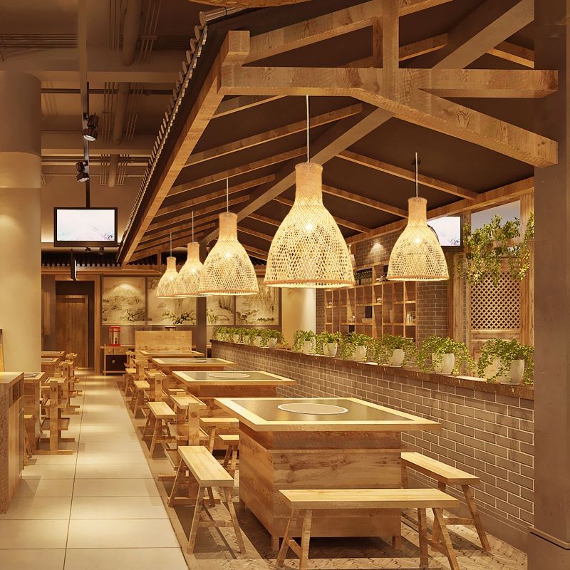 Handmade Bamboo Suspension Lighting Minimalist 1 Head Wood Pendant Ceiling Light for Tea Room