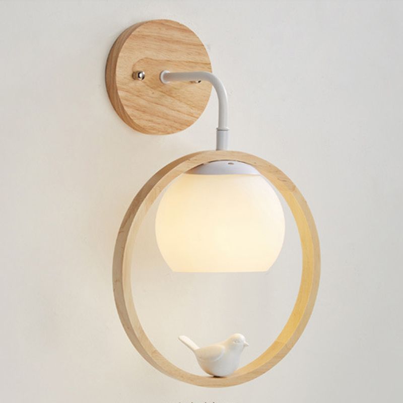 Moderner Stil rund geformte Wandlampe Holz 1 Leichte Wandbeleuchtung mit Glasschatten