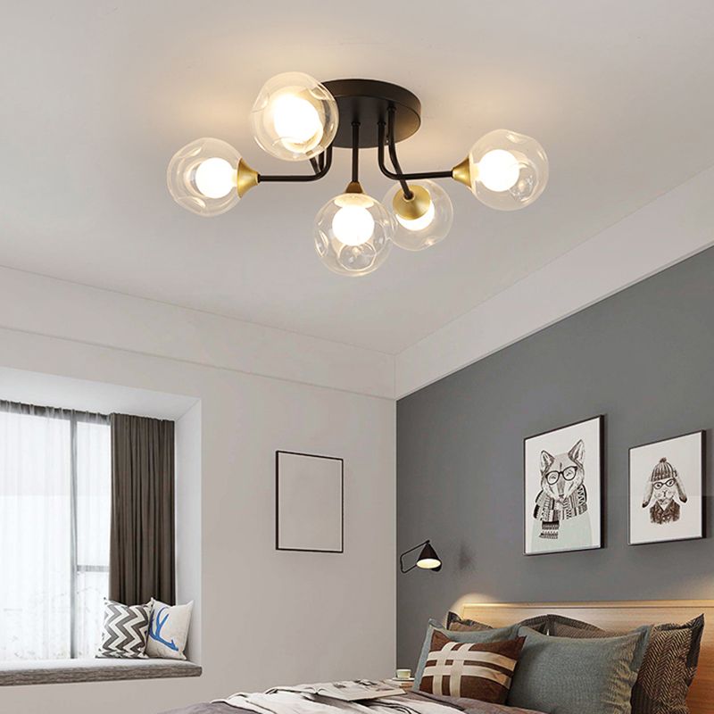 Plafoniera da incasso a doppia sfera in vetro, lampada da soffitto minimalista nera a semi-incasso per camera da letto