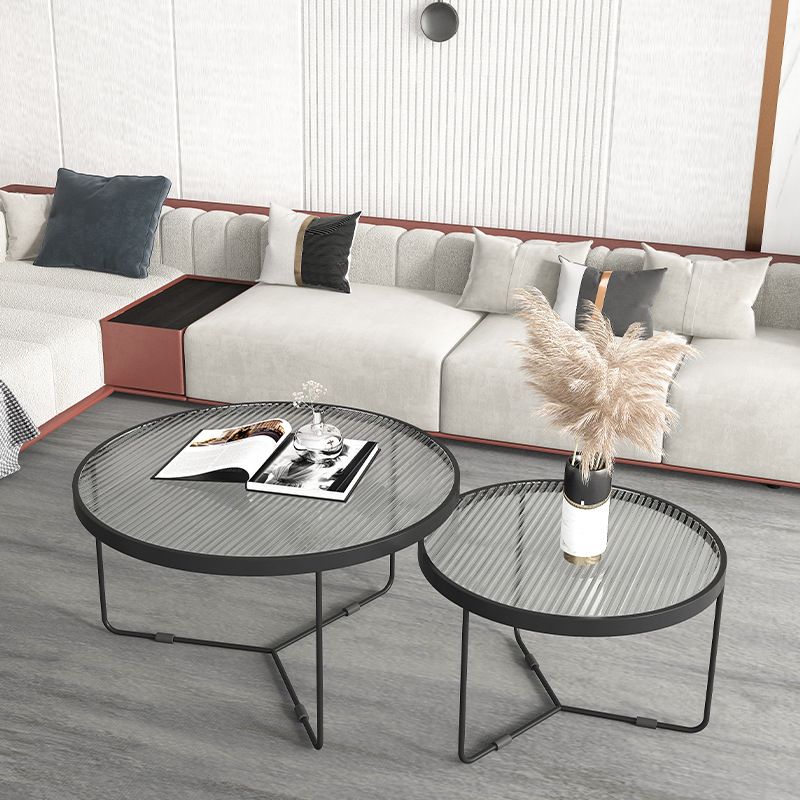 Contemporary Round Nesting Coffee Table with Glass Top and Iron Base