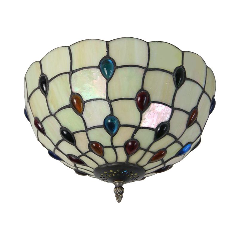 12/16/19.5-Inch Wide Bowl Ceiling Light Retro Style Stained Glass 1/2/3 Light Jewel Flushmount Ceiling Light in Beige/White/Yellow