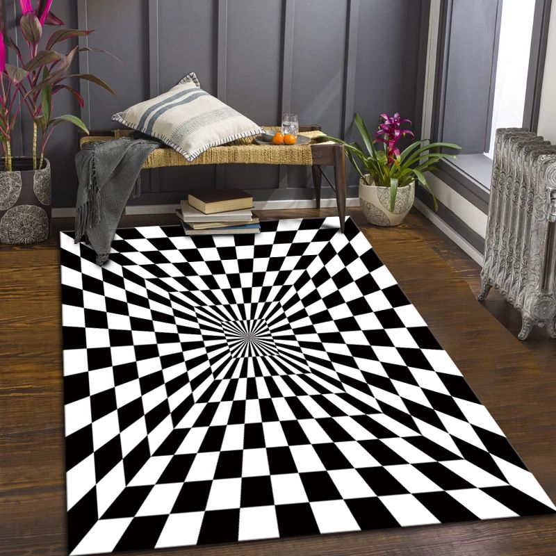Alfombra de estampado de estampado de estampado de rejilla de poliéster de poliéster negro para sala de estar para sala de estar