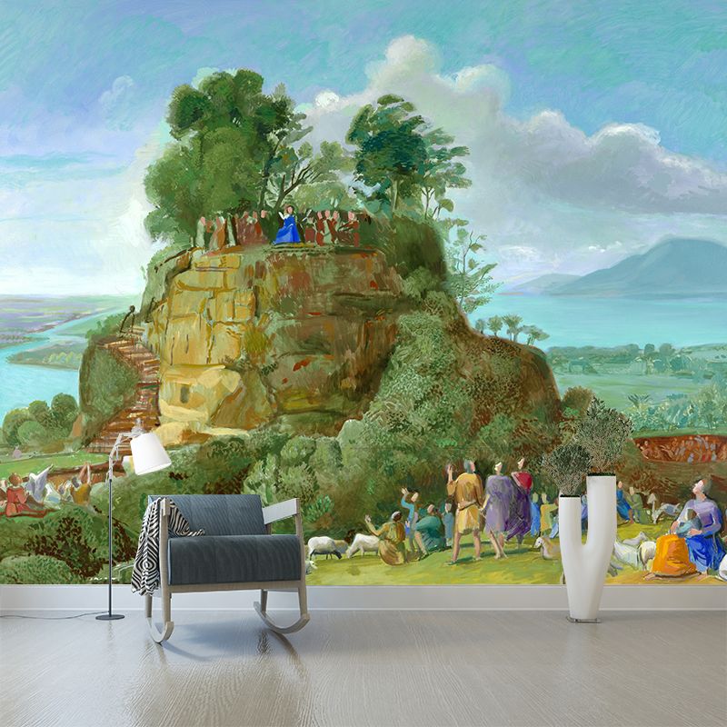 Sermon on the Mount Murals in Blue and Green Art Deco Wall Covering for Living Room