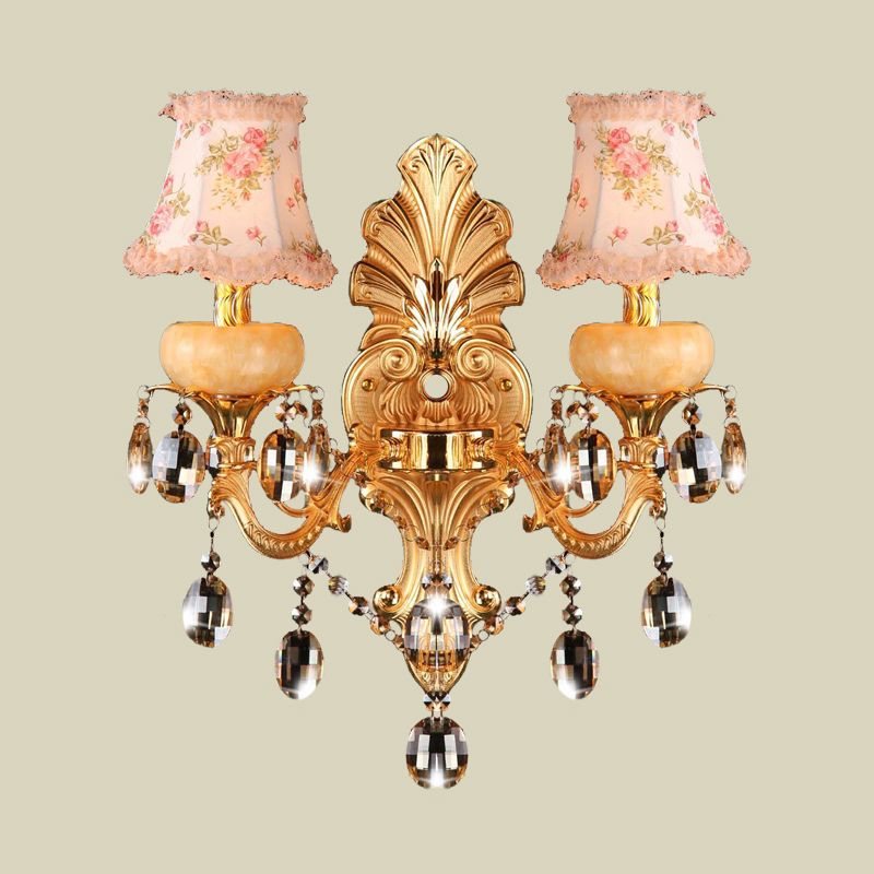 Double Arm Sconce Light Fixture Traditionalist Metal 2 Lights Gold Wall Mount Lamp with Crystal Drop and Fabric Shade
