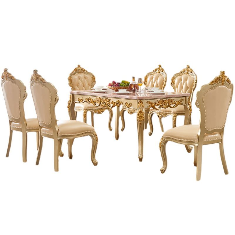 Solid Wood Victorian Rectangular Dining Table Marble Top Table with 4 Legs