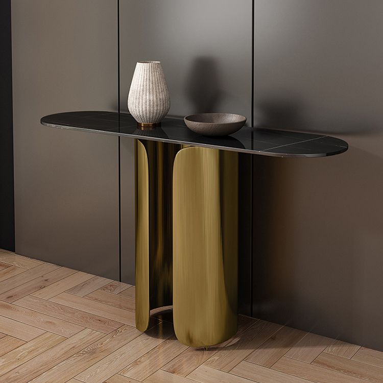 16 inch Wide Glam Console Table Oval Shape Stone Accent Table for Hall