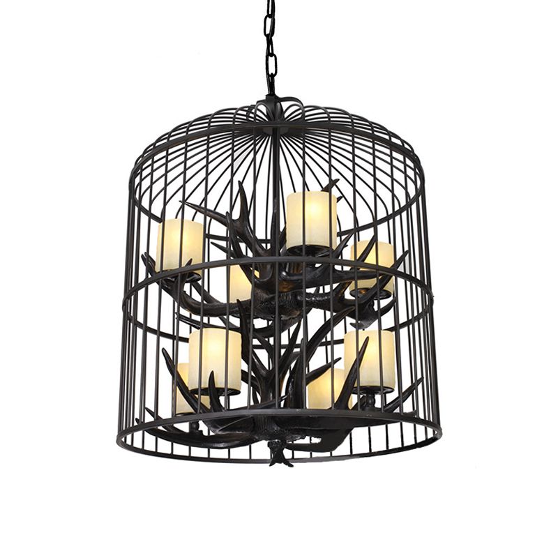 Araña colgante de jaula de pájaros negros metal tradicional de metal de 8 cabezas de comedor colgante luz de techo