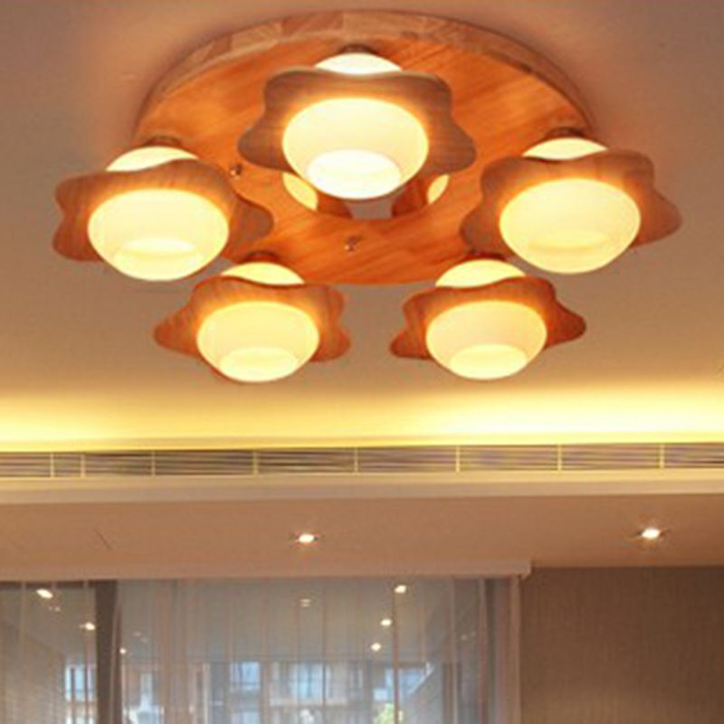 5 lichten slaapkamer spoelplafondlicht modern hout spoeling met bloem ivoor glazen schaduw