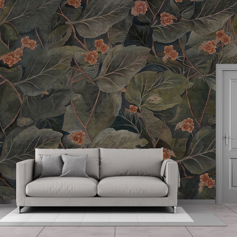 Turquoise Broad Leaf Mural Wallpaper Moisture-Resistant Wall Decor for Living Room