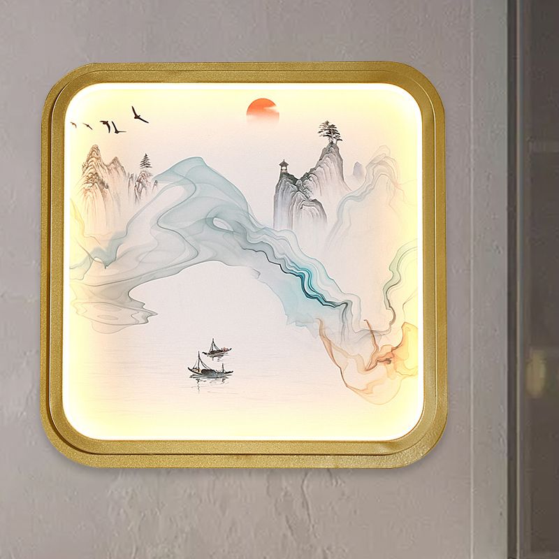 Hand-Paint Flower/Mountain Mural Lighting Chinese Fabric Living Room LED Wall Sconce with Gold Round/Square Frame