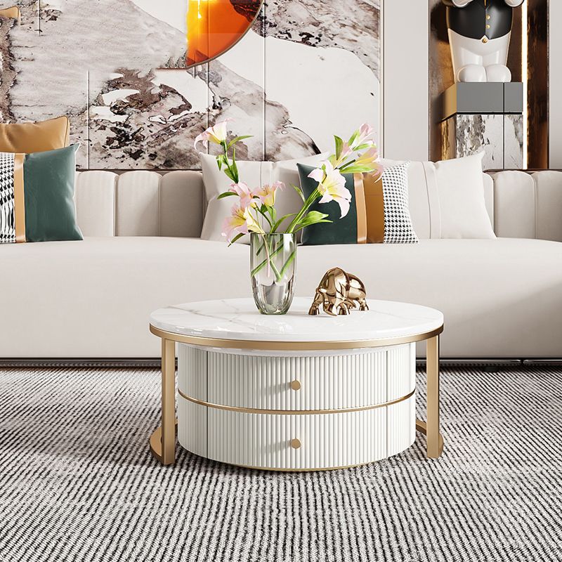 Round Coffee Table Slate Frame Nesting Coffee Table Set with Drawer