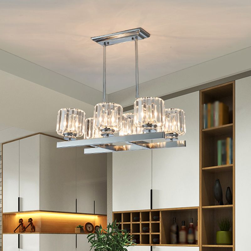 Chrome Parallel Island Light Fixture Modern Crystal Cylinder 6 Heads Dining Table Suspension Lamp