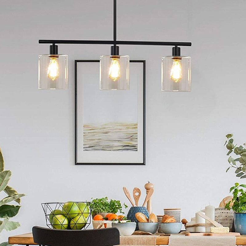 Cylindrical Glass Island Lamp Industrial 3 Lights Dining Room Hanging Lamp in Black
