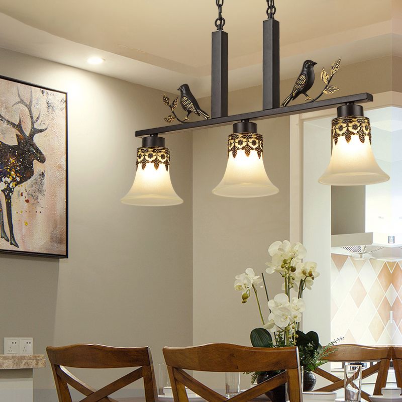 Opal Frosted Glass Flared Island Light Fixture Rustic 3-Light Dining Room Pendant with Bird Decoration in Black
