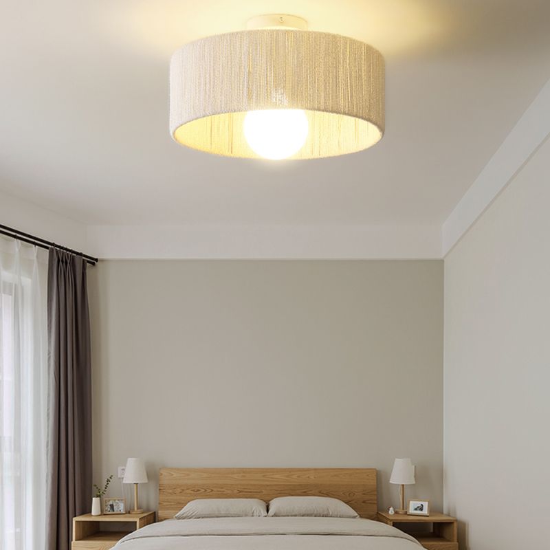 Fibra di rattan 1 luce semi -filo soffitto leggero rotondo asiatico semifulto lampadario a montaggio per camera da letto