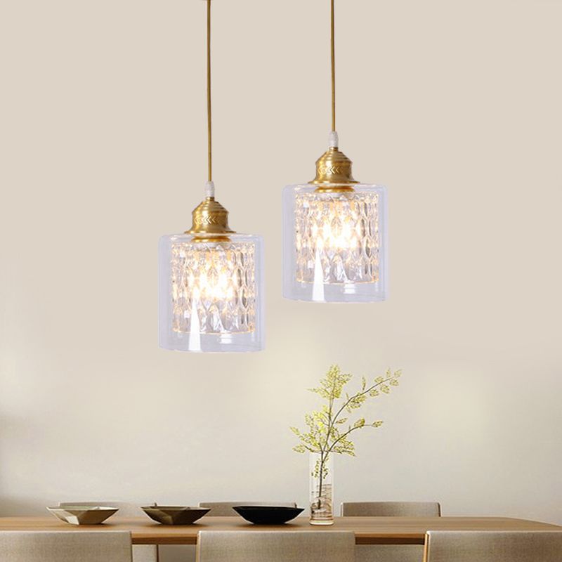 Modern 1 Light Pendant Light with Double Clear Glass Shade Brass Cylinder Hanging Ceiling Light