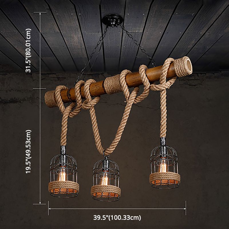 Industrial Iron Cage Island Light Fixtures with Adjustable Hemp Rope 3 Lights Ceiling Pendant for Bar