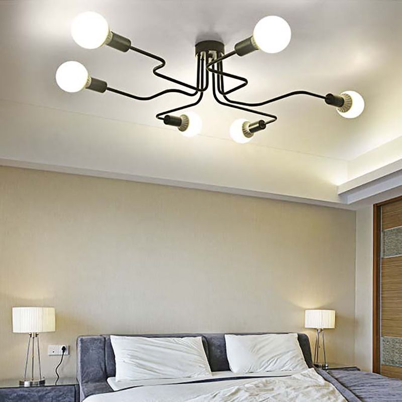 Vintage Exposed Ceiling Flush Mount 4/6-Light Metallic Semi Flush Light with Sputnik Design in Antique Brass/Black