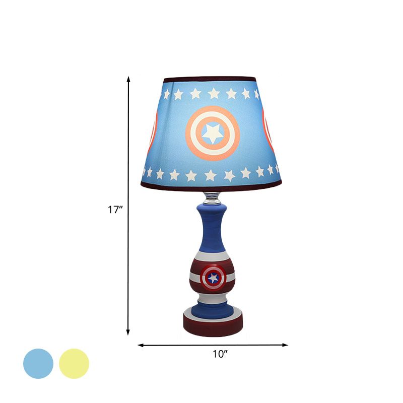 Cartoon Cone Nightstand Lamp Fabric 1-Bulb Boys Bedroom Night Light with Star/Car Pattern in Blue/Yellow