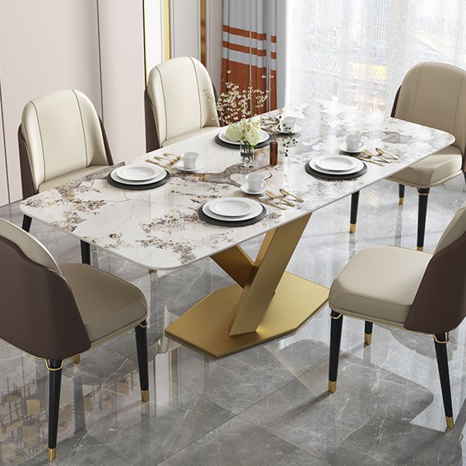 Rectangle Traditional Luxury Dining Table Grey Sintered Stone Table with Pedestal Base