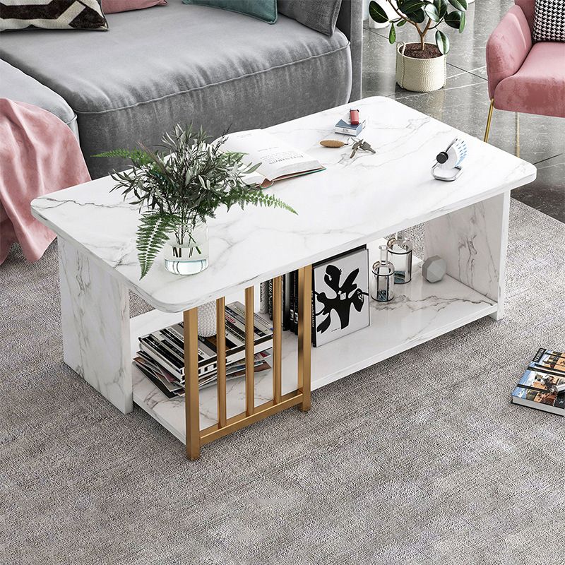 Modern Metal Marble Coffee Table Rectangle Cocktail Table with Shelf