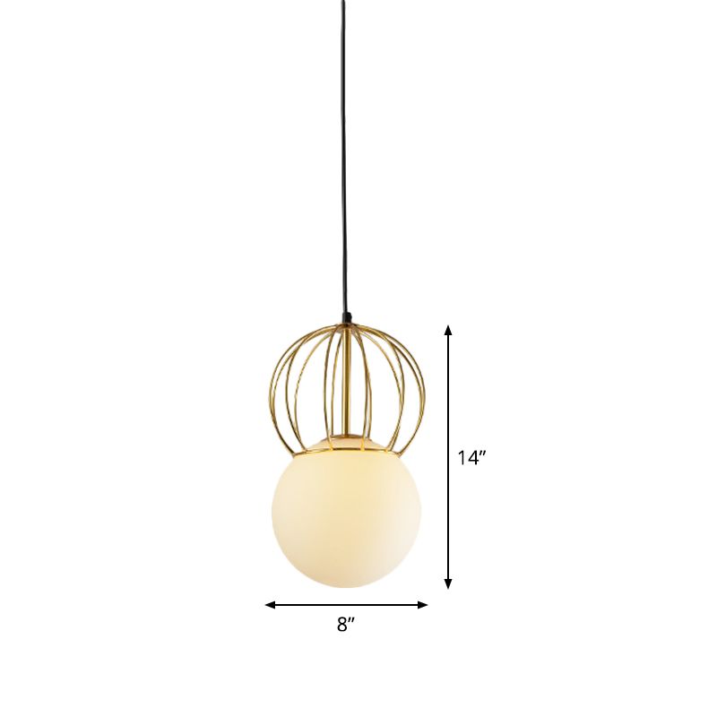 Luz de suspensión de globo blanco con alambre de hierro de melón 1 bombilla de vidrio esmerilado moderno luz colgante para dormitorio