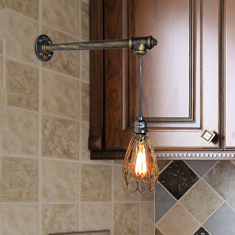 Metal Caged Wall Sconce Lamp Industrial 1 Bulb Restaurant Wall Mount Pipe Light in Brass