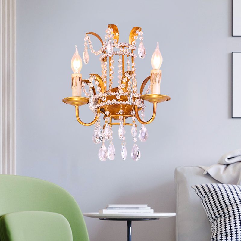Clear Crystal Beaded Sconce Lighting Vintage Style 2 Heads Brass Wall Lamp with Open Bulb for Bedroom