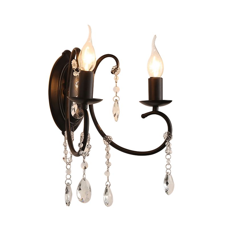 Black Candle-Style Wall Lamp Fixture Country Metal 2 Heads Corridor Crystal Wall Lighting Idea