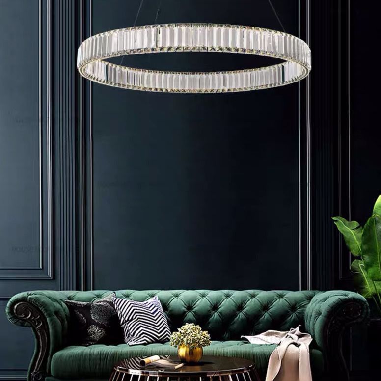 Stainless Steel Circle Pendant Chandelier Simplicity Chrome LED Crystal Pendant for Dinner