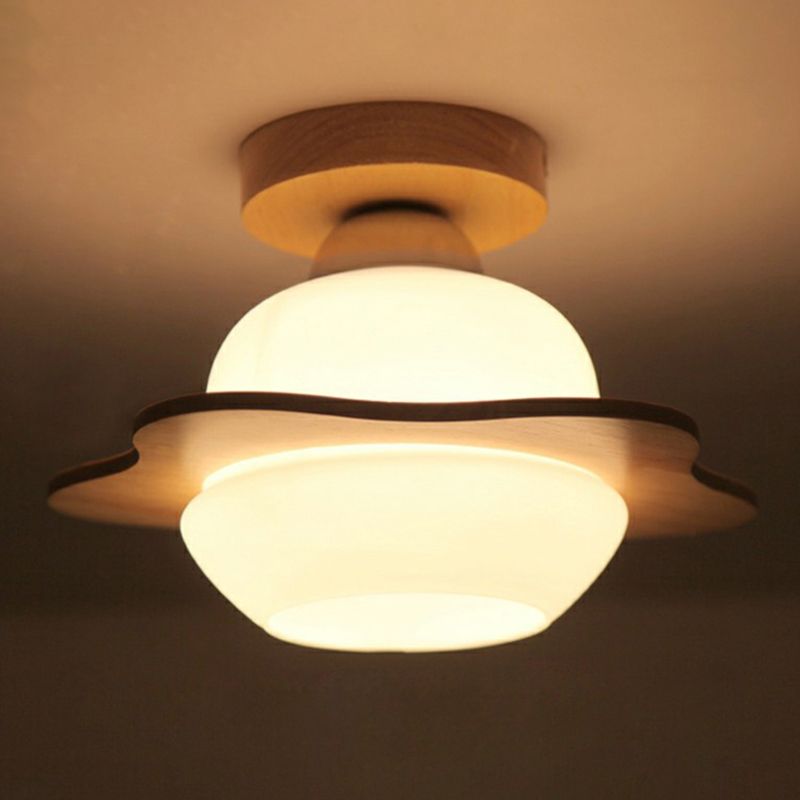 Blumenkorridor halb Flush Mount Leuchte Creme Glas 1-Licht nordische Deckenbehandlung in Holz