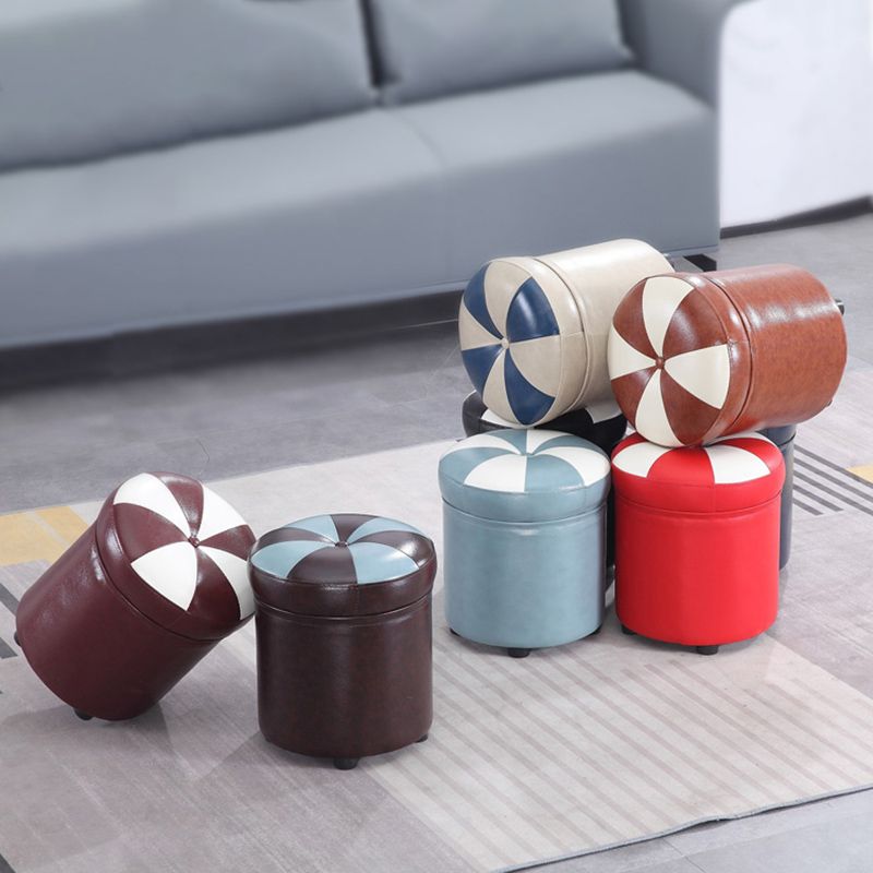 Modern Pouf Ottoman Faux Leather Tufted Geometric Printed Cylinder Shape Ottoman