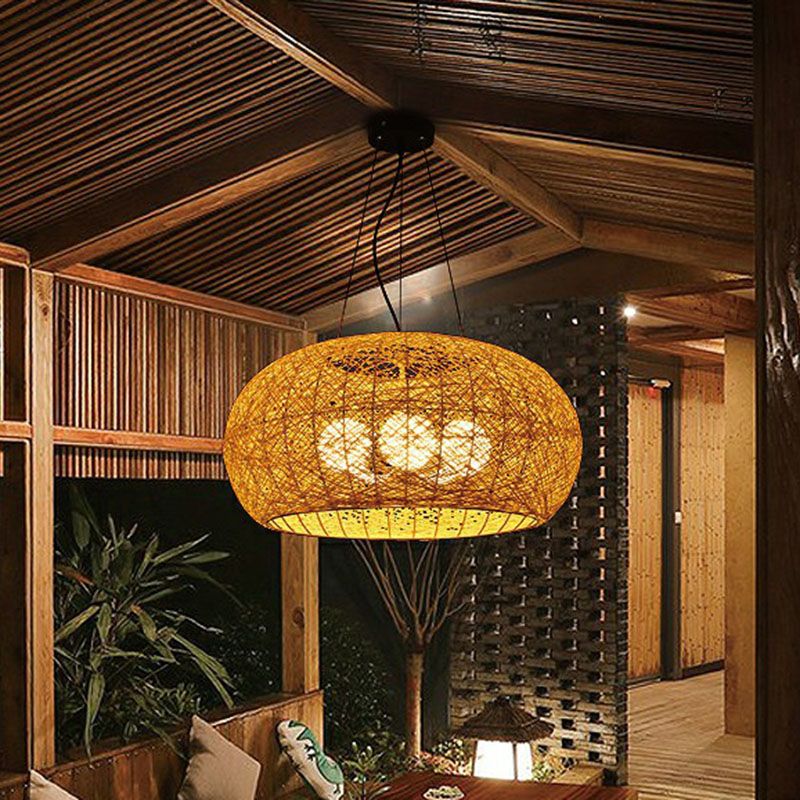 Rattan Curved Drum Ceiling Lighting South-east Asia 3 Heads Chandelier Light Fixture