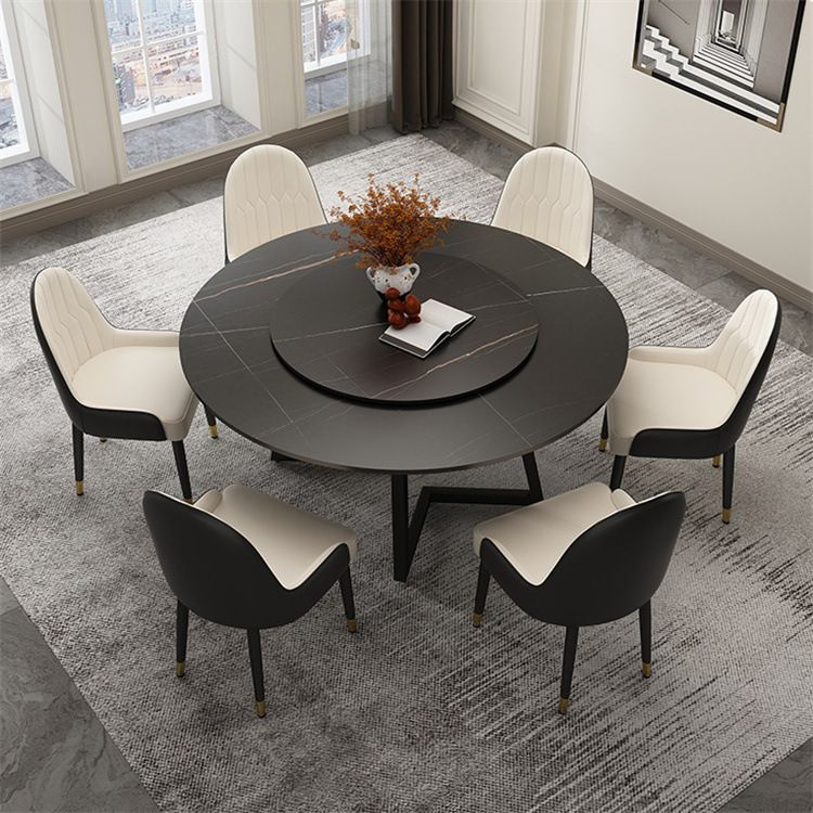 Black Double Pedestal Table Modern Round Stone and Metal Dining Room Table