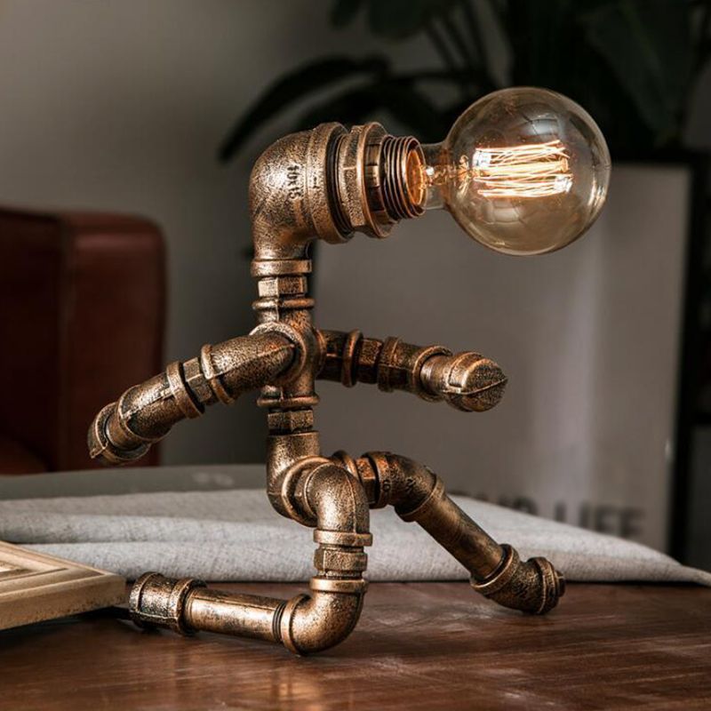 1 Kopftischleuchte Fabrikrohre Roboter Schmiedeeisen Nachtbeleuchtung in Messing