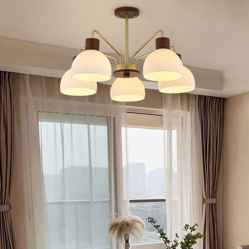 Modern Wood Flush Mount Dome Shape Ceiling Light with Glass Shade for Living Room