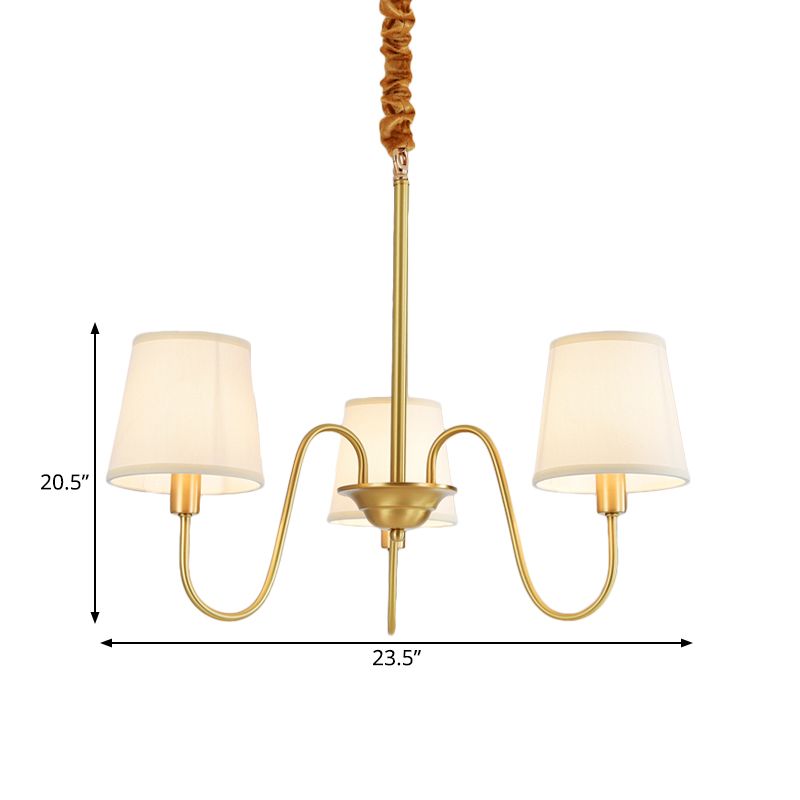 Candelera colgante de cañón de oro Tela colonial 3/5/8 Bulbos Luz de techo de sala de estar con brazo de cobre de cuello de cisne